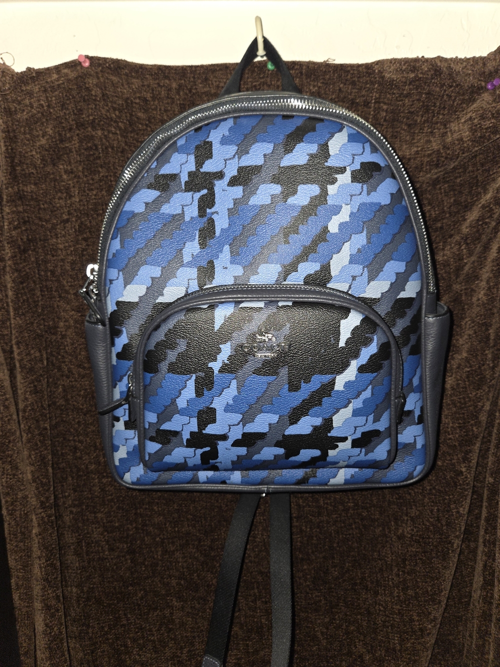 Coach Blue and Black Camouflage Pebbled Leather Backpack